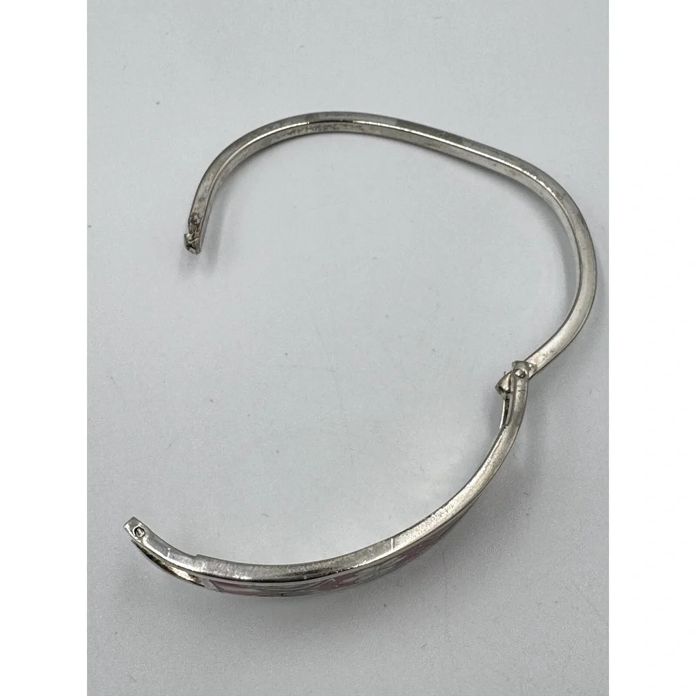Vintage Alpaca Mexico Pink Enamel Abalone Shell Hinged‎ Cuff Bangle Bracelet